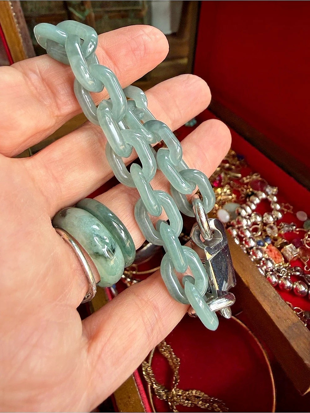 Blue Green Type A Jadeite Cuban Link Bracelet with Certificate of Authenticity